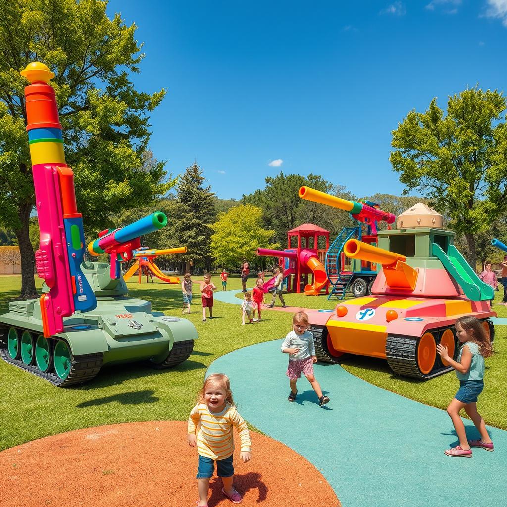 An imaginative scene depicting a whimsical playground where weapons like guns and tanks have transformed into colorful, oversized children's toys