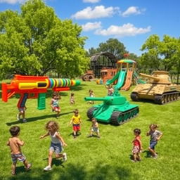 An imaginative scene depicting a whimsical playground where weapons like guns and tanks have transformed into colorful, oversized children's toys