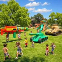 An imaginative scene depicting a whimsical playground where weapons like guns and tanks have transformed into colorful, oversized children's toys