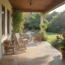 A spacious, well-furnished veranda bathed in soft sunlight, with plants in full bloom, wooden rocking chairs, hewn stone flooring, and a serene view of a landscape garden.