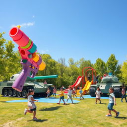 An imaginative scene depicting a whimsical playground where weapons like guns and tanks have transformed into colorful, oversized children's toys