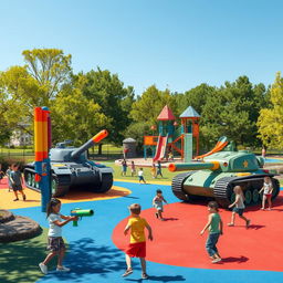 An imaginative scene depicting a whimsical playground where weapons like guns and tanks have transformed into colorful, oversized children's toys