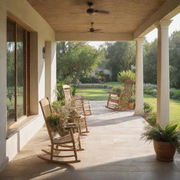 A spacious, well-furnished veranda bathed in soft sunlight, with plants in full bloom, wooden rocking chairs, hewn stone flooring, and a serene view of a landscape garden.