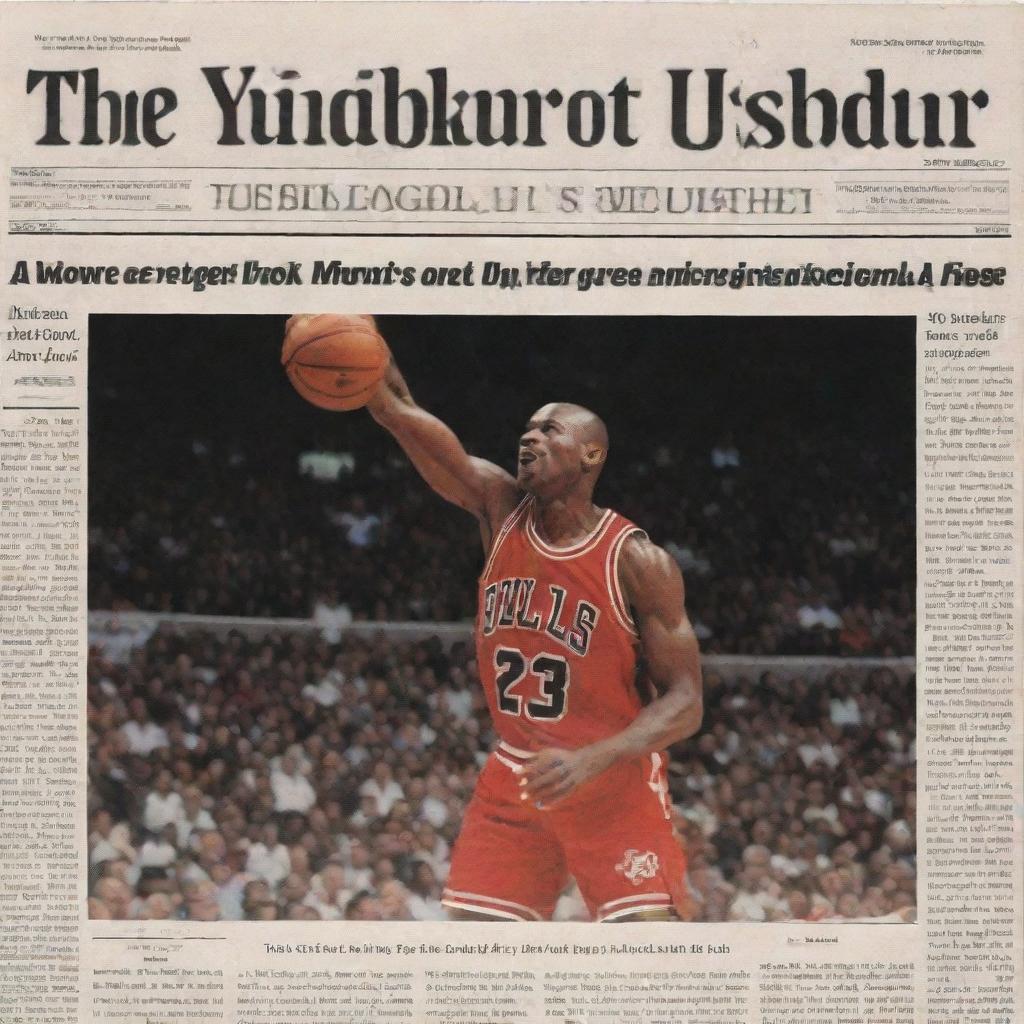 An image designed like a newspaper front page, featuring a headline about Michael Jordan and a prominent picture of him in action on the court.