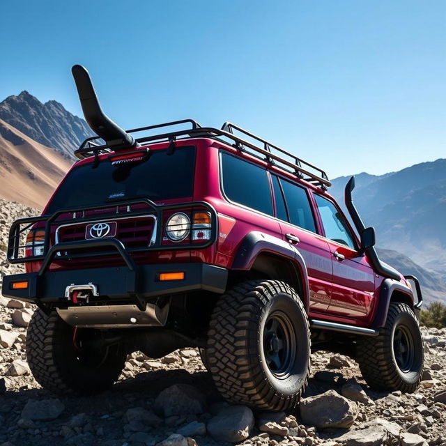 A rugged and adventurous scene featuring a Toyota Land Cruiser HDJ80 with an impressive 38-inch snorkel, ready for off-road exploration