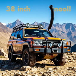 A rugged and adventurous scene featuring a Toyota Land Cruiser HDJ80 with an impressive 38-inch snorkel, ready for off-road exploration