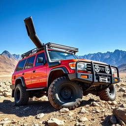 A rugged and adventurous scene featuring a Toyota Land Cruiser HDJ80 with an impressive 38-inch snorkel, ready for off-road exploration