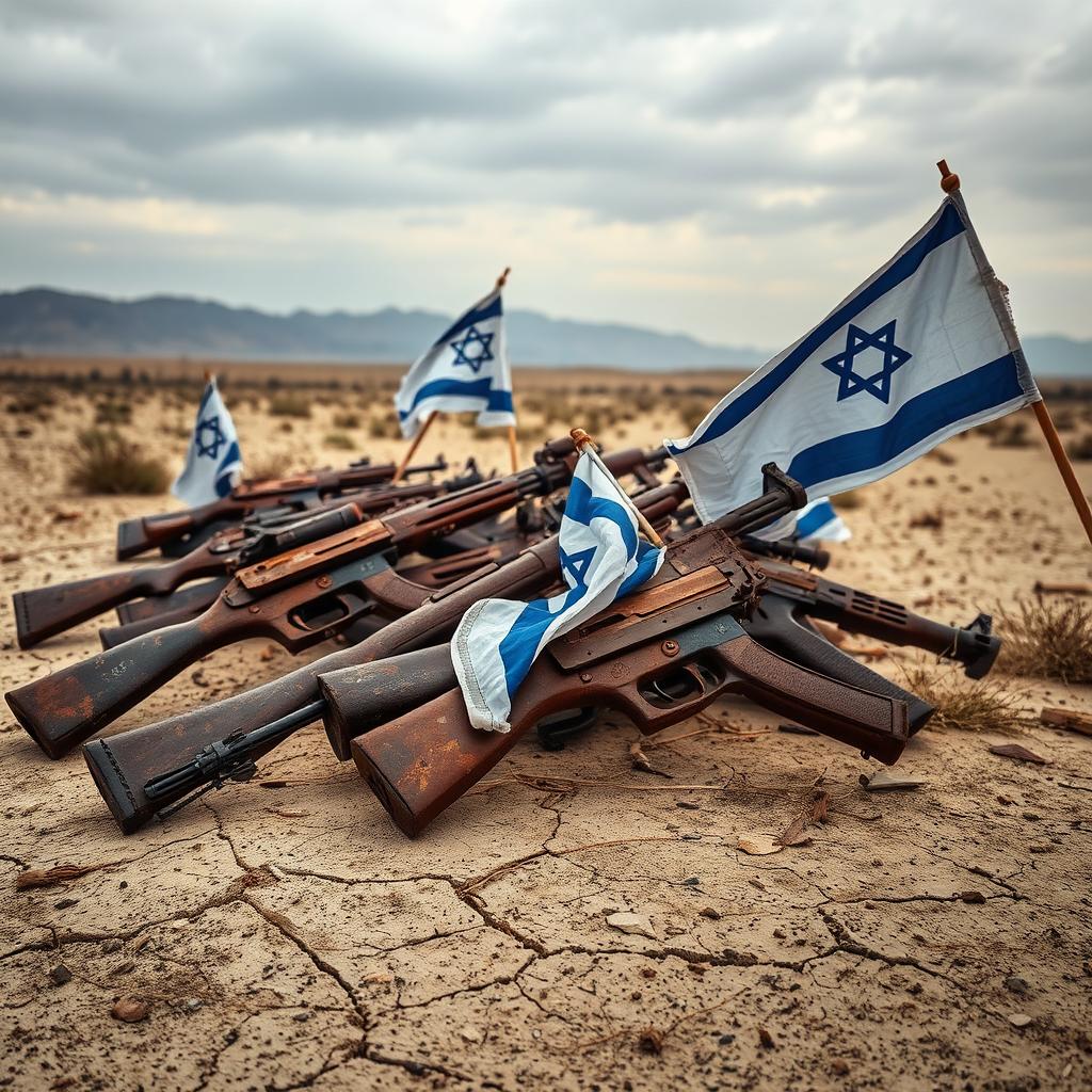 A poignant and thought-provoking image of rusty weapons scattered across a weathered landscape