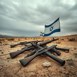 A poignant and thought-provoking image of rusty weapons scattered across a weathered landscape