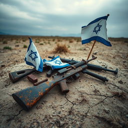 A poignant and thought-provoking image of rusty weapons scattered across a weathered landscape