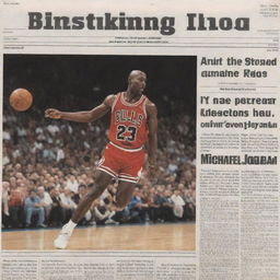 An image designed like a newspaper front page, featuring a headline about Michael Jordan and a prominent picture of him in action on the court.