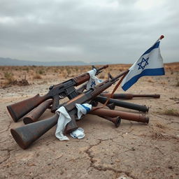 A poignant and thought-provoking image of rusty weapons scattered across a weathered landscape