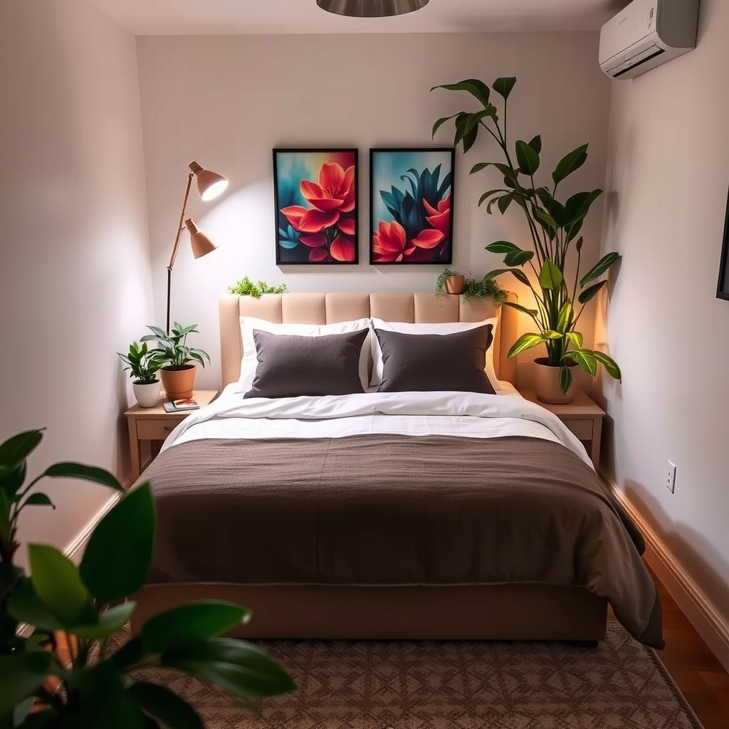 A small, beautifully designed bedroom featuring a double bed with a stylish headboard, decorated with vibrant artwork above it