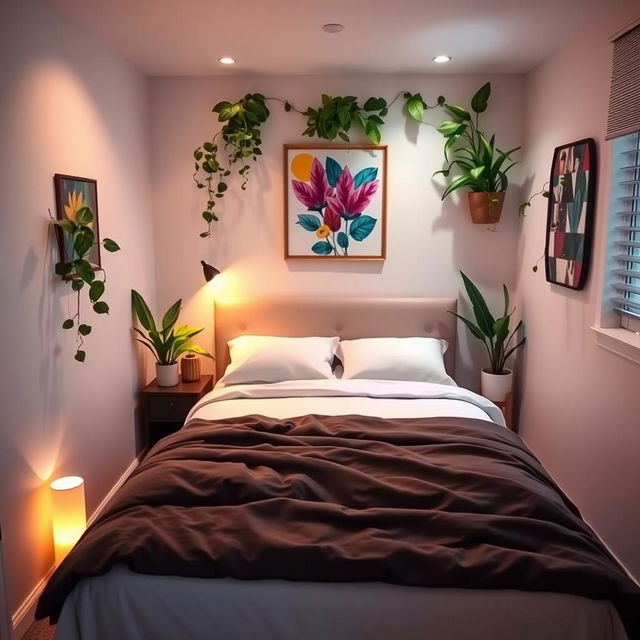 A small, beautifully designed bedroom featuring a double bed with a stylish headboard, decorated with vibrant artwork above it