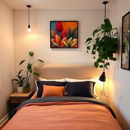 A small, beautifully designed bedroom featuring a double bed with a stylish headboard, decorated with vibrant artwork above it