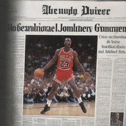 An image designed like a newspaper front page, featuring a headline about Michael Jordan and a prominent picture of him in action on the court.