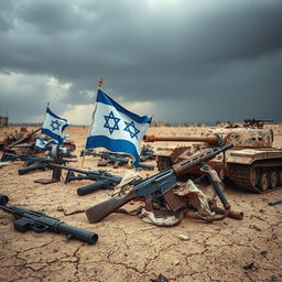 A haunting image featuring rusty weapons scattered across a desolate landscape