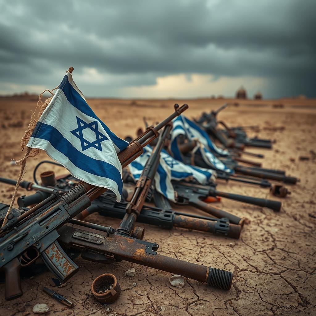 A haunting image featuring rusty weapons scattered across a desolate landscape