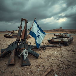 A haunting image featuring rusty weapons scattered across a desolate landscape