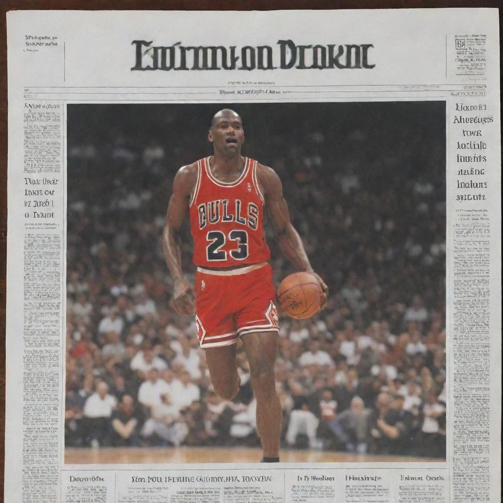 An image designed like a newspaper front page, featuring a headline about Michael Jordan and a prominent picture of him in action on the court.