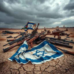 A powerful and evocative image showcasing rusty weapons scattered across a desolate landscape, conveying a sense of abandonment and history