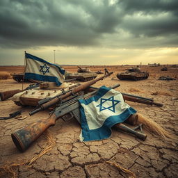 A powerful and evocative image showcasing rusty weapons scattered across a desolate landscape, conveying a sense of abandonment and history