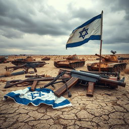 A powerful and evocative image showcasing rusty weapons scattered across a desolate landscape, conveying a sense of abandonment and history