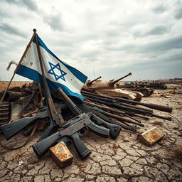 A powerful and evocative image showcasing rusty weapons scattered across a desolate landscape, conveying a sense of abandonment and history