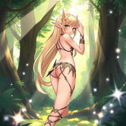 A fantasy-themed illustration featuring a skimpy elf girl with long flowing hair, playfully showcasing her rear