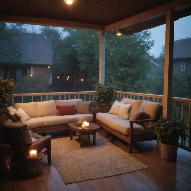 A cozy veranda where a happy family is huddled together, watching the rain pour outside. They're surrounded by warm lighting, plush furniture, potted plants, and mugs of hot cocoa atop a wooden railing.