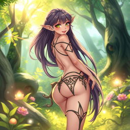 A fantasy-themed illustration featuring a skimpy elf girl with long flowing hair, playfully showcasing her rear