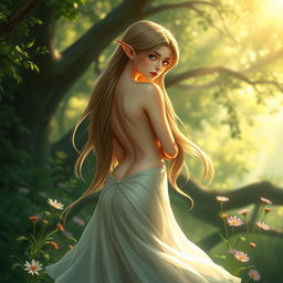 A fantasy-themed artwork featuring an elegant elf girl in a natural setting, gracefully posed to show her rear