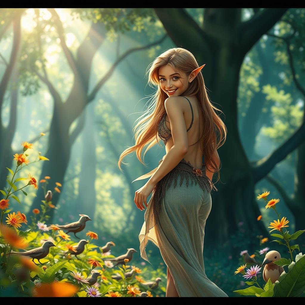 A vibrant fantasy scene featuring a beautiful young elf girl with long flowing hair and delicate pointed ears, playfully showcasing her rear