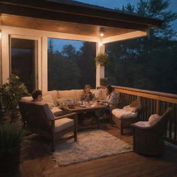 A cozy veranda where a happy family is huddled together, watching the rain pour outside. They're surrounded by warm lighting, plush furniture, potted plants, and mugs of hot cocoa atop a wooden railing.