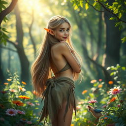 A vibrant fantasy scene featuring a beautiful young elf girl with long flowing hair and delicate pointed ears, playfully showcasing her rear