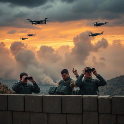 A military observation point with soldiers using binoculars, displaying expressions of concern and urgency as they focus on the sky