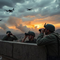 A military observation point with soldiers using binoculars, displaying expressions of concern and urgency as they focus on the sky