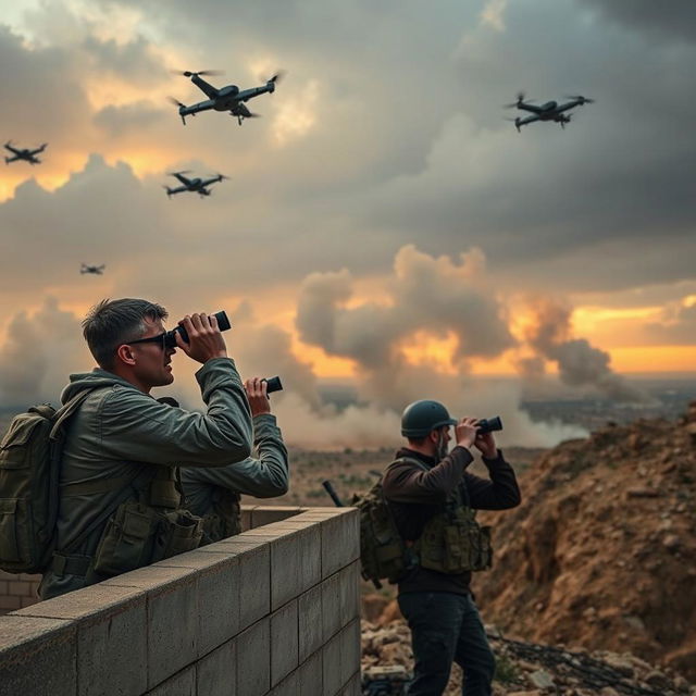 A military observation point with soldiers using binoculars, displaying expressions of concern and urgency as they focus on the sky