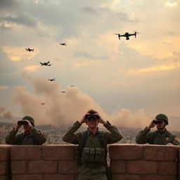 A military observation point with soldiers using binoculars, displaying expressions of concern and urgency as they focus on the sky