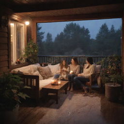 A cozy veranda where a happy family is huddled together, watching the rain pour outside. They're surrounded by warm lighting, plush furniture, potted plants, and mugs of hot cocoa atop a wooden railing.