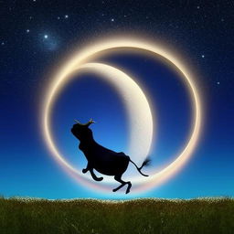 A whimsical scene of a jovial cow gleefully jumping over a radiant moon