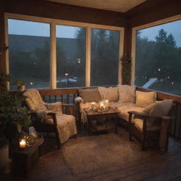 A cozy veranda where a happy family is huddled together, watching the rain pour outside. They're surrounded by warm lighting, plush furniture, potted plants, and mugs of hot cocoa atop a wooden railing.