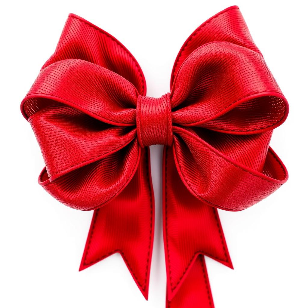 A detailed red bow with two stylish ends on the sides, showcasing intricate textures and vivid colors