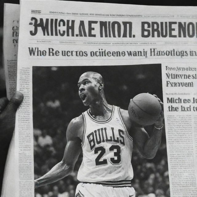 An image mimicking the style of a printed newspaper, with a bold headline about Michael Jordan, alongside a high-quality black and white picture of him in action during a basketball game.