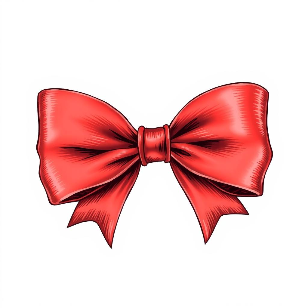 An illustration of a detailed red bow, featuring two stylish ends on the sides