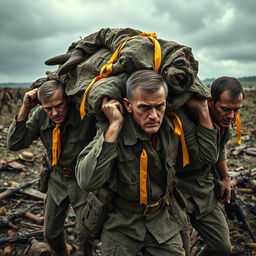 A dramatic and intense scene depicting soldiers with stern expressions, struggling under the weight of a large load on their shoulders that includes corpses