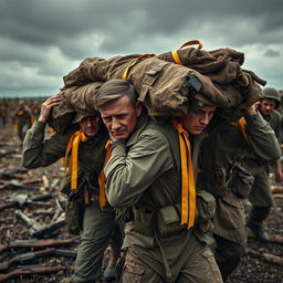 A dramatic and intense scene depicting soldiers with stern expressions, struggling under the weight of a large load on their shoulders that includes corpses