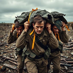 A dramatic and intense scene depicting soldiers with stern expressions, struggling under the weight of a large load on their shoulders that includes corpses