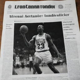 An image mimicking the style of a printed newspaper, with a bold headline about Michael Jordan, alongside a high-quality black and white picture of him in action during a basketball game.