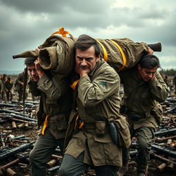 A dramatic and intense scene depicting soldiers with stern expressions, struggling under the weight of a large load on their shoulders that includes corpses